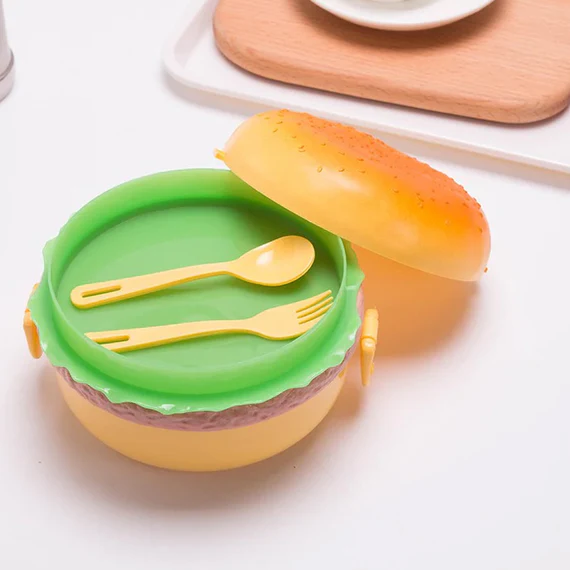 Burger Shape Lunch Box - 1000ml, 2 Layers, With 2 Spoons, for Kids