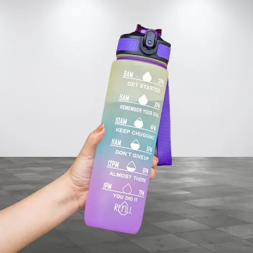 Sporty Sip 32 OZ Motivational Water Bottle with Straw, Strap & Time Marker, Purple-Yellow