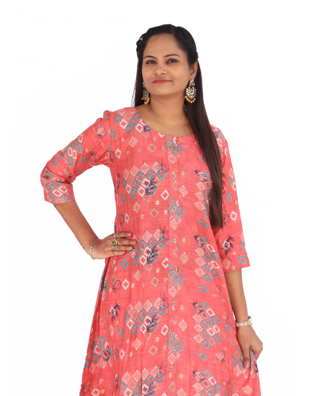 Scarlet Vatican Button-Down Kurta – 3/4th Sleeves, Round Neck, Perfect for Festive Season & Girls’ Outings