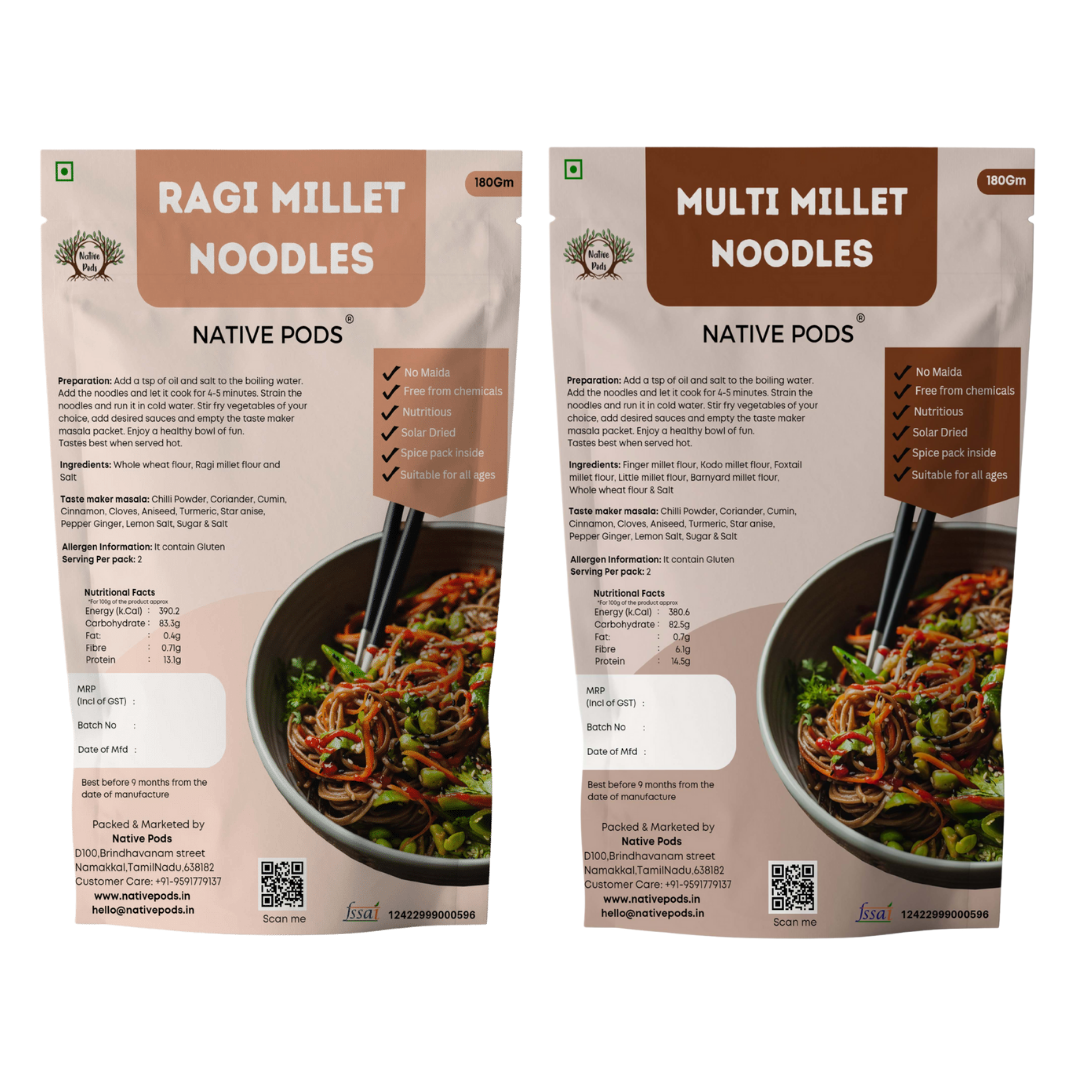 Native Pods Ragi & multi Millet Noodles - No Maida,No Preservative -Includes Masala -180Gm (Pack of 2)