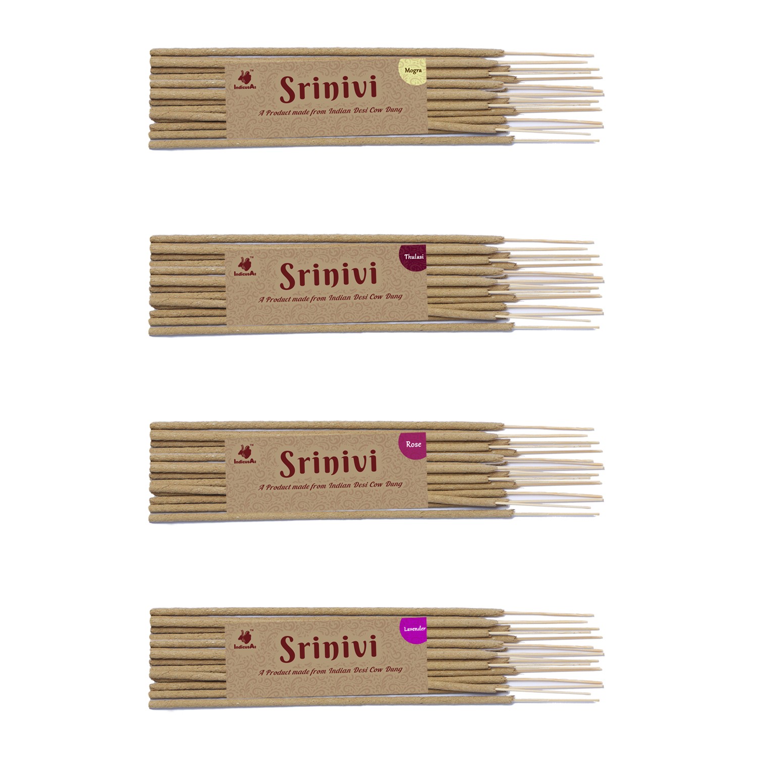 Srinivi Agarbattis - Made up of desi cow dung|Pack of 4|Each pack consists of 18 sticks|Fragrance - Mogra, Rose, Thulasi, Lavender.