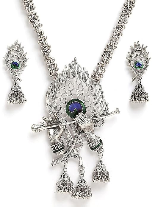 Krishna flute Stylish Traditional Oxidised Silver Necklace Jewellery Set for Women