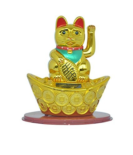 Feng Shui Chinese Hand Waving Solar Cat Decorative Showpiece - 11 cm (Plastic, Gold)