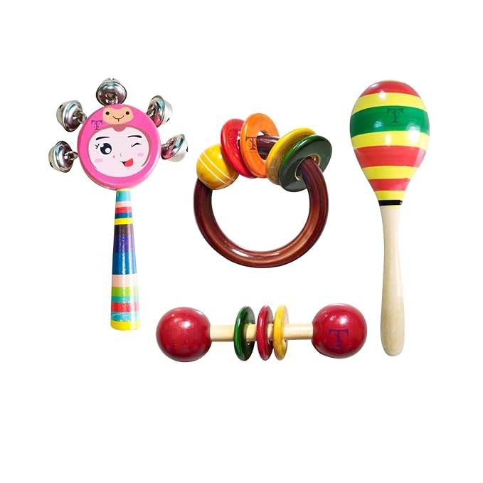 Nimalan's toys Colourful Wooden Baby Rattle Toy - Hand Crafted Rattle Set for Kids - Musical Toy for Newly Born - Wooden Ring Teether for New Born Babies - Baby Teethers(pack of 4)Egg, face rattle, te