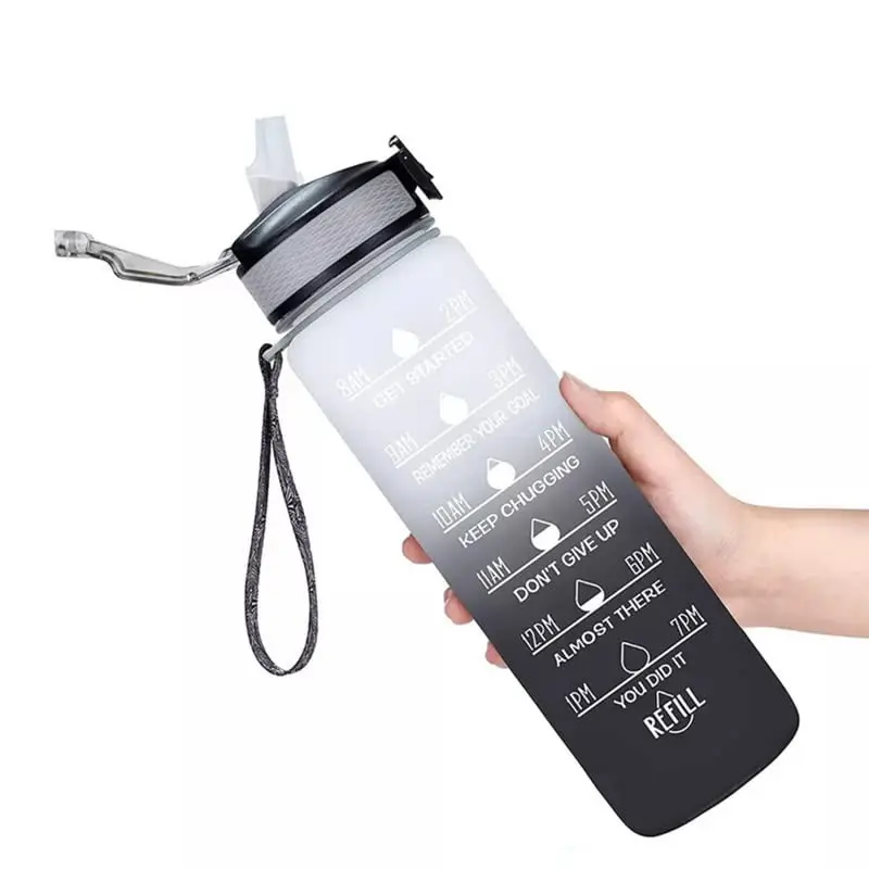 Sporty Sip 32 OZ Motivational Water Bottle with Straw, Strap & Time Marker,Grey-Black