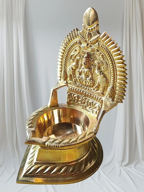 AREMBI Brass Kamatchi Amman Diya, Double Side Embossed Oil Lamp, 11.4 cm Height, Pack of 1.
