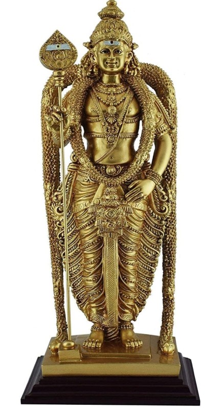 Polymarble Murugan Statue with Vel, 14 cm Height, Block Golden Color