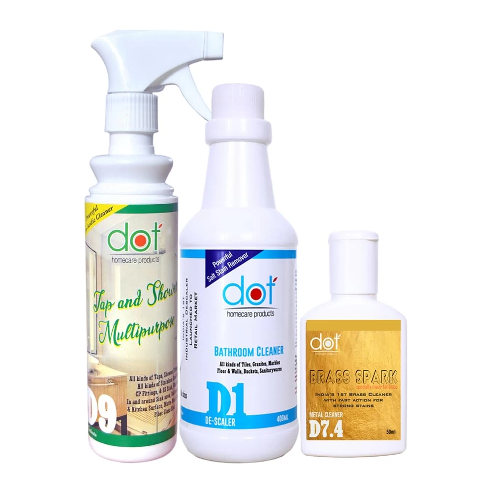 DOT Bathroom Tiles Cleaner, DESCALER 400ml | TAP, SHOWER, MIRROR, KITCHEN SURFACE, SS SINK CLEANER 250ml | DOT BRASS SPARK 50ml - Super Saver Pack