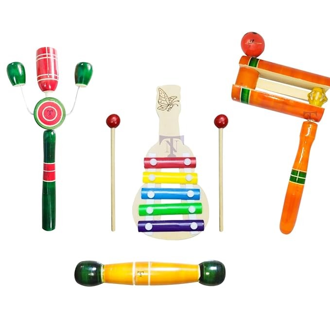 Nimalan's Toys Colourful Rattles and Xylophone Toys for Kids - Non-Toxic Attractive Rattle for New Born – Wooden rattles and Xylophone with teether (Pack of 4)