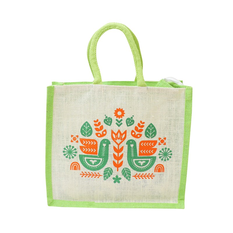 Aalam Vizhudhugal Jute Lunch Bag with Plate Holder and Zip for Kids, Men and Women in White and Green Colour