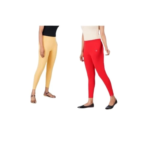 AULIKA Women's Bio-Wash Leggings, Made with 95% Cotton and 5% Spandex for Comfort, Flexibility, and Durability-Pack of 2 | Stone::Cherry Red