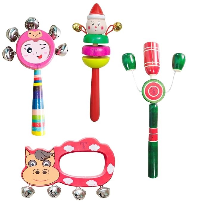 Nimalan's Toys Colourful Wooden Baby Rattle Toy - Hand Crafted Rattle Set for Kids - Musical Toy for Newly Born - Pack of 4(face, 2bell, TIK S, Hand)