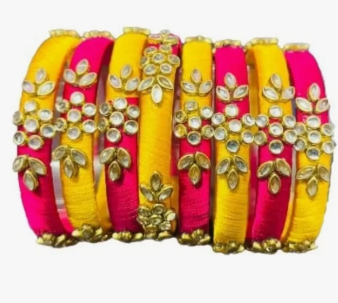 Elegant Yellow & Pink Thread Bangles with Kundan Stones - Indian Bridal Party Jewelry