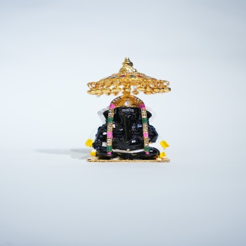 Temple Statue of Lord Ganesha with Golden Flower Shaped Umbrella for Home Decor(11 x 12 x 7cms)