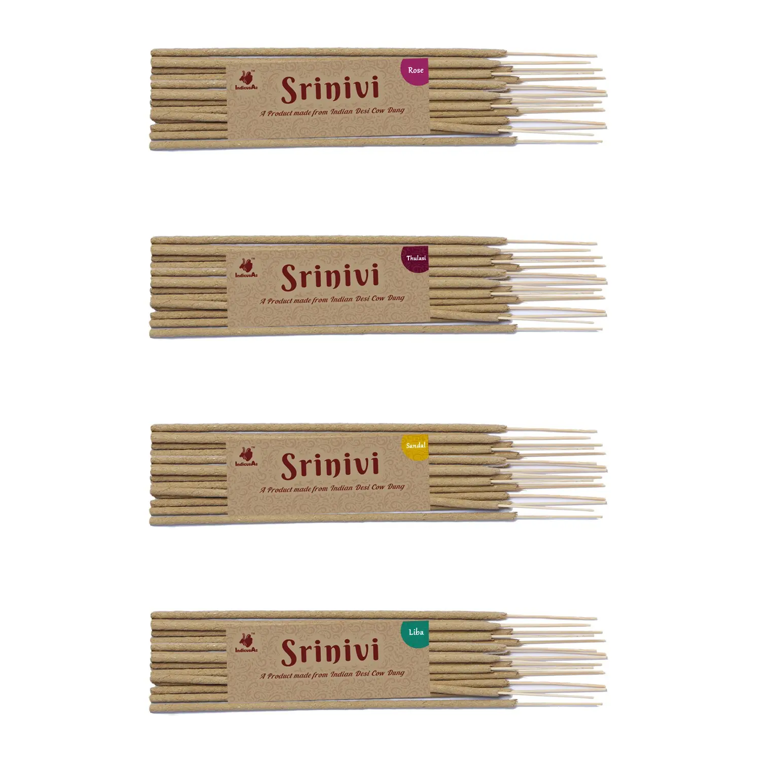 Srinivi Agarbattis - Made up of desi cow dung|Pack of 4|Each pack consists of 18 sticks|Fragrance – Rose, Liba, Thulasi, Sandal.