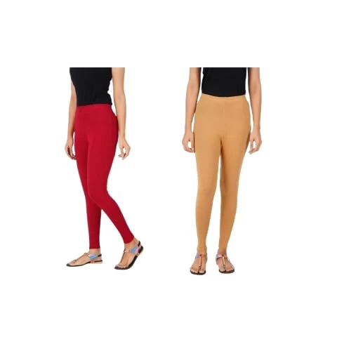 AULIKA Women's Bio-Wash Leggings, Made with 95% Cotton and 5% Spandex for Comfort, Flexibility, and Durability-Pack of 2 |  Maroon::Dark Skin