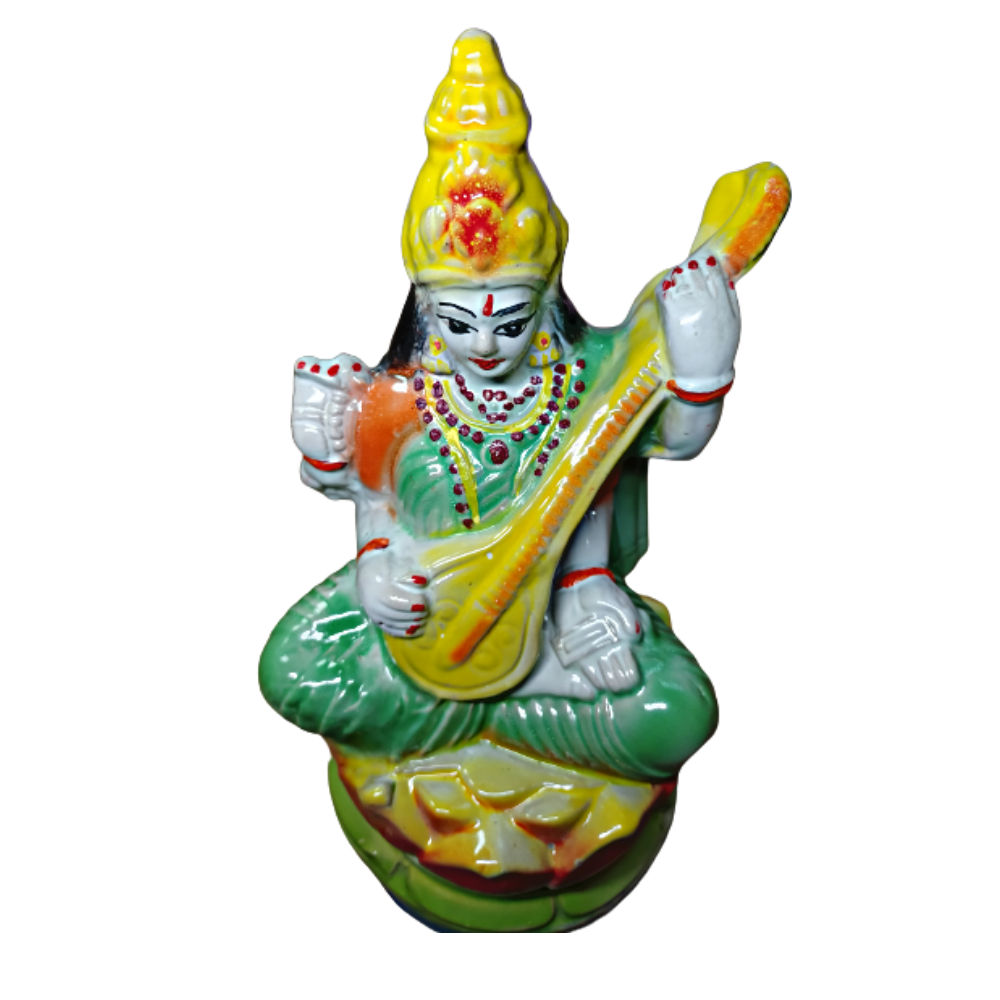 Saraswati MATA on Lotus |Maa Saraswati Murti Idol Perfrect for Home Decor, Office Decor and Pooja Room | Handmade Ceramic Saraswati Statue for Showpiece Gift (Green) (24 cm)
