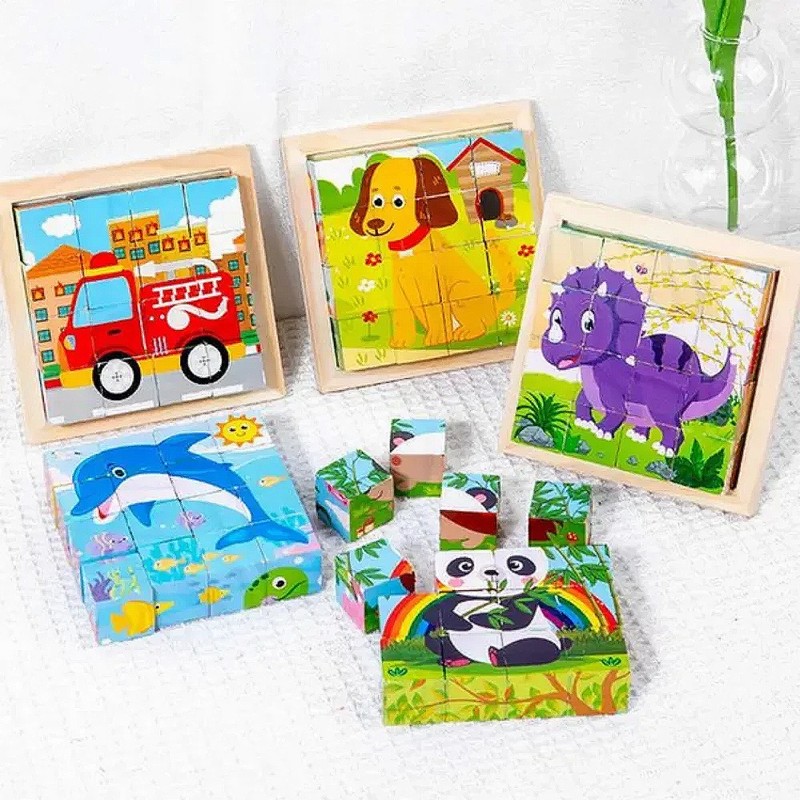 16PC SQUARE CUBE PUZZLE - 16 Cubes with 6 Different Animal Patterns Jigsaw Puzzle Early Educational Toys for Baby & Toddlers
