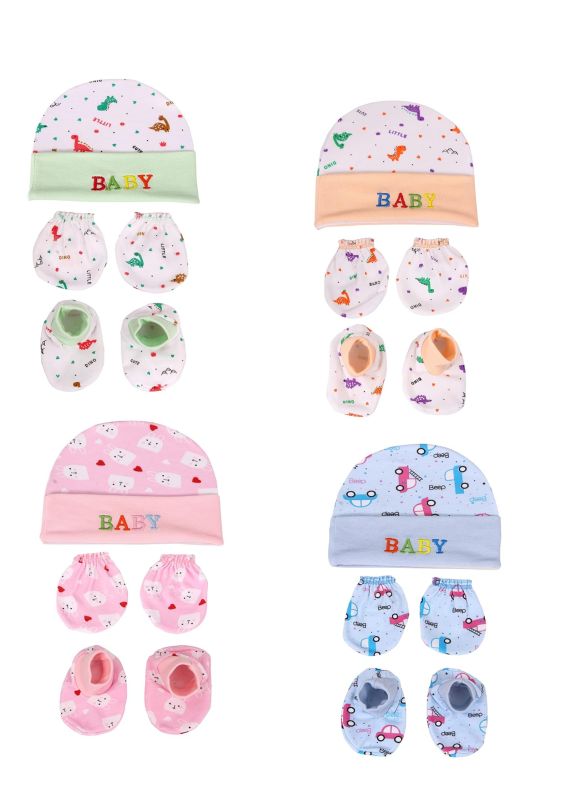 Newborn Baby Cotton Mitten Sets with  (Cap ,Gloves,Socks) Pack 4 Multicolour