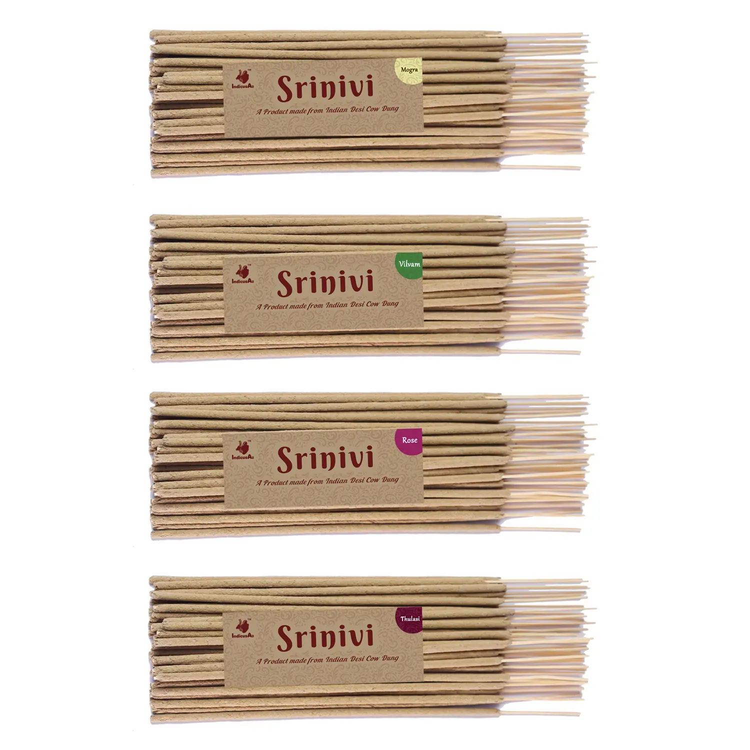 Srinivi Agarbattis - Made up of desi cow dung|Pack of 4|Each pack consists of 35 sticks|Fragrance – Mogra, Vilvam, Rose, Thulasi.