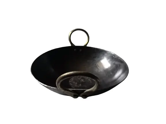 Simsnura Household Iron Black Kadhai with Double Side Metal  Handle Traditional Pure Iron Kadai Heavy Base Round Bottom  (9 Inch Size, Medium)