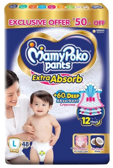 MamyPoko Pants Extra Absorb Baby Diapers, Large (L), 48 Count, 9-14 kg