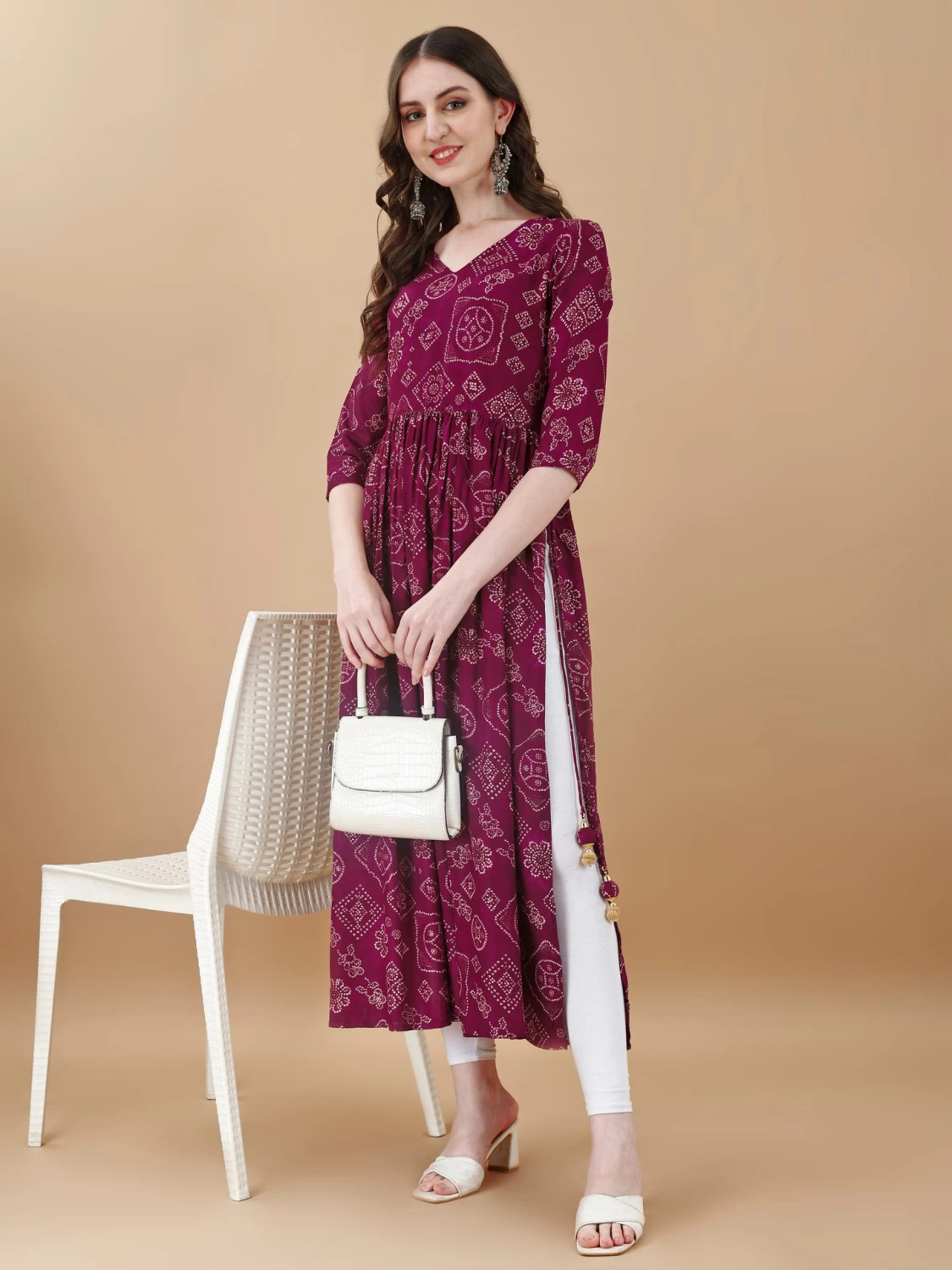 Women's Wine Rayon Bandhani Printed Casual Flared Kurta - Stylish & Comfortable - Perfect for Summer & Festive Wear