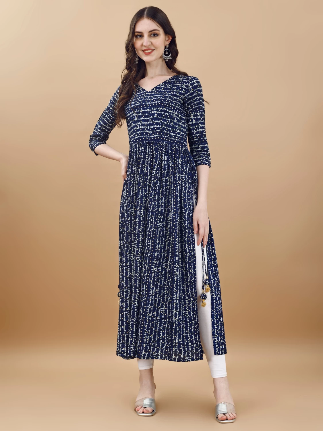 Women's Navy-Blue Rayon Bandhani Printed Casual Flared Kurta - Stylish & Comfortable