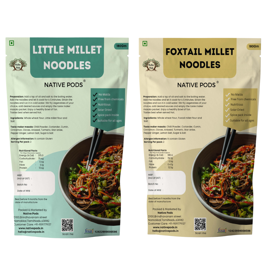 Native Pods little & Foxtail Millet Noodles - No Maida,No Preservative -Includes Masala -180Gm (Pack of 2)