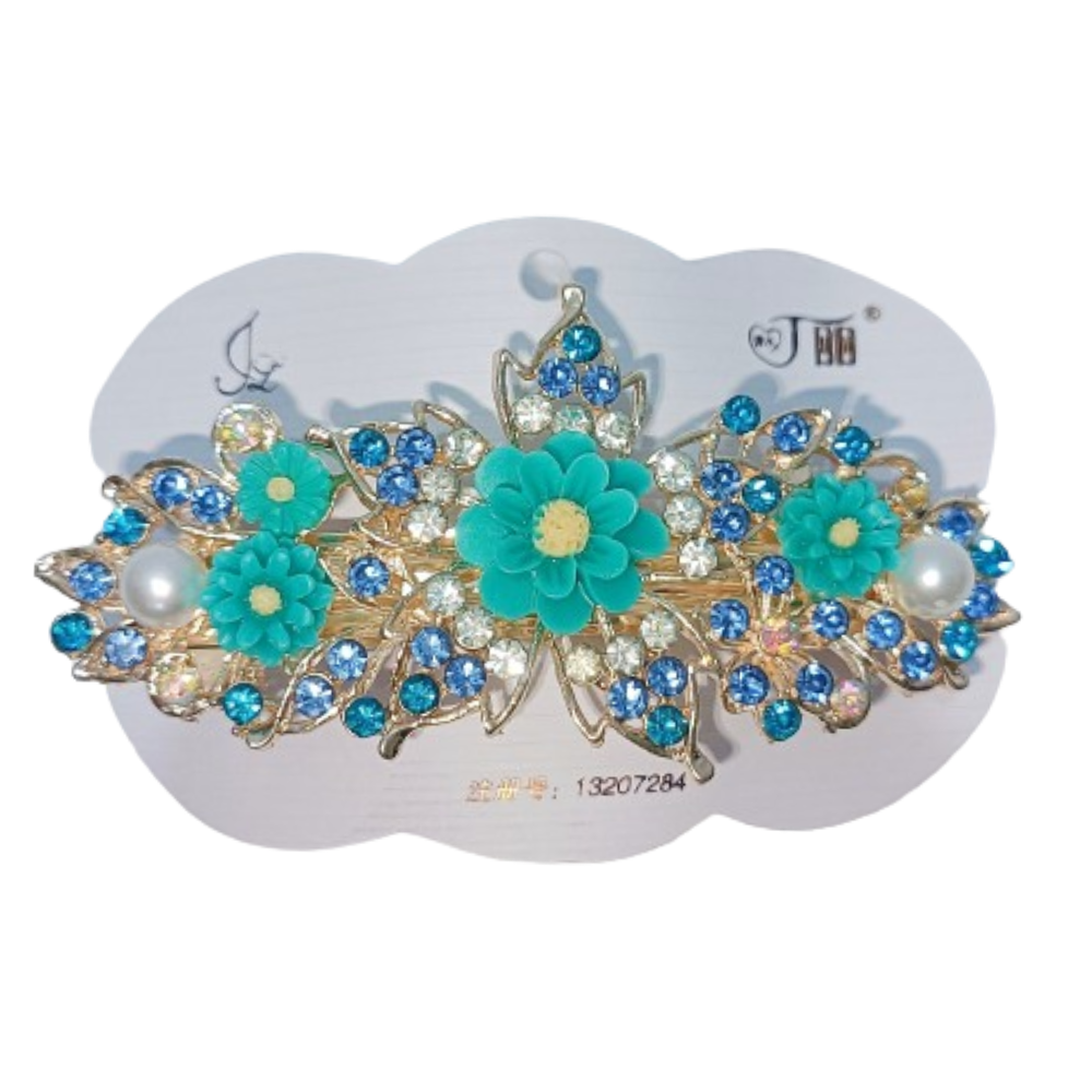 Stylish Flower Hair Clip for Women with Rhinestones and Studs - Hair Jewelry Accessory (Turquoise)