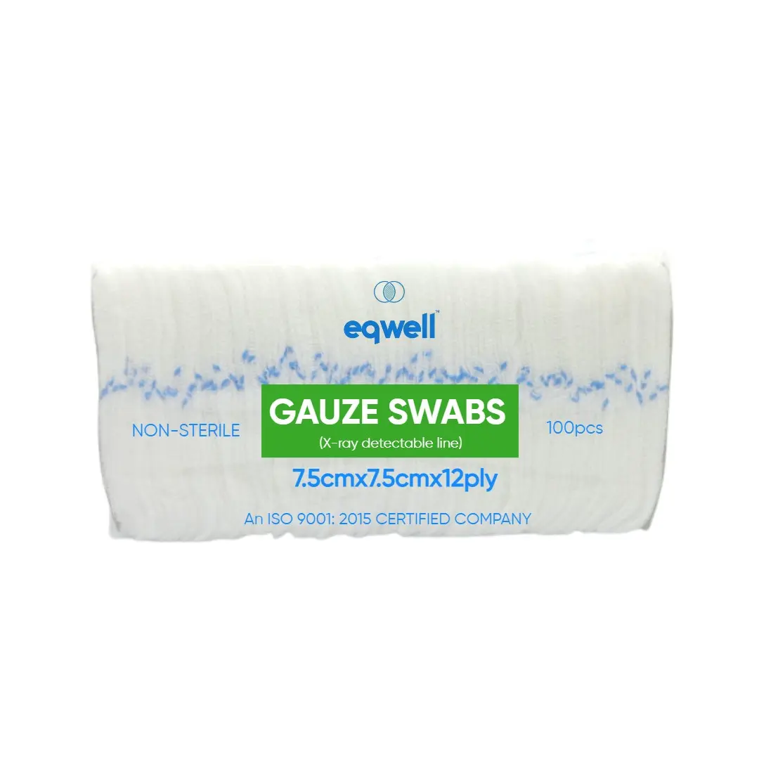 Eqwell absorbent gauze swabs Non-Sterile 7.5cmx7.5cmx12ply (with x-ray detectable line) 100pcs/pack – Pack of 1