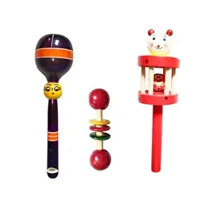Nimalan's toys Colourful Wooden Baby Rattle Toy - Hand Crafted Rattle Set for Kids - Musical Toy for Newly Born - Wooden Ring Teether for New Born Babies - Baby Teethers(pack of 3)Head, cage rattle, t