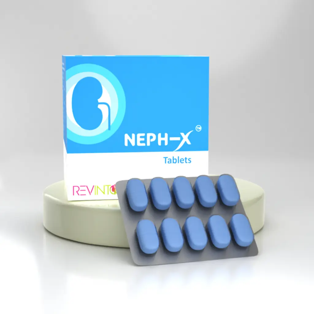 REVINTO NEPH-X-TABLET | Reduces elevated blood urea and serum creatinine Shows significant nephron protective activity Improves the kidney functions | 10*10TABLET