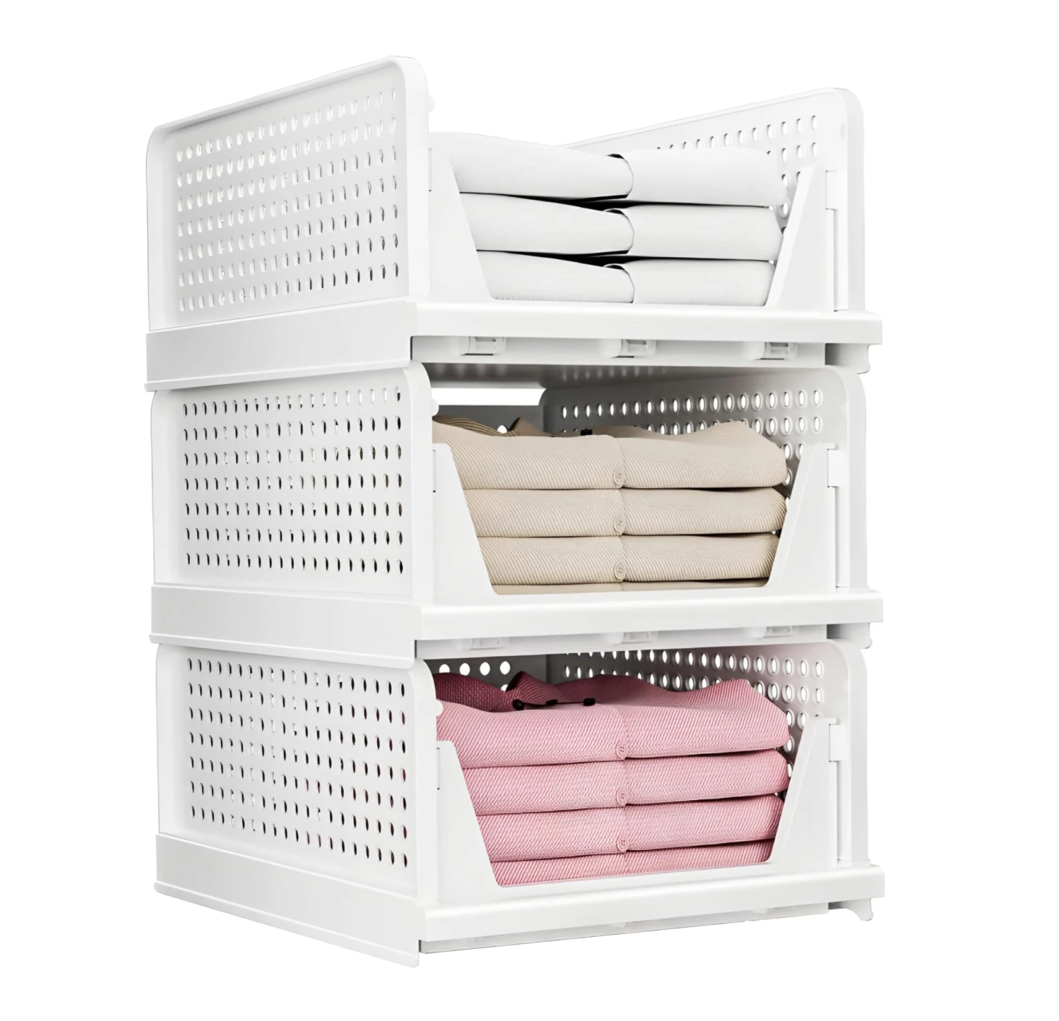 Luvis Grace Set of 3, Premium Wardrobe Organizer for Storage | Foldable & Stackable Closet | Almirah / Cupboard Organizer for Clothes | Space Saver for Kitchen | Plastic Drawer organiser | White