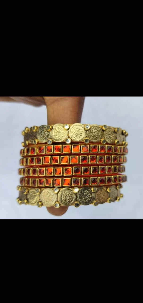 Thread Bangles Bridal Set | Orange Kundan Stone Bangles in Multiple Sizes