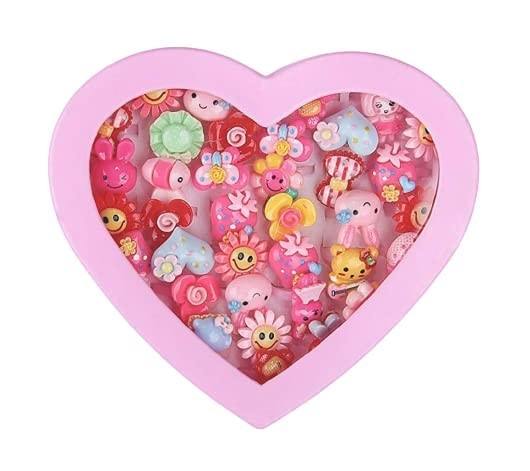 Viva Smile Kids Girls Cartoon Pretend Play Toy Fancy 36 Finger Ring for Birthday Gifts Comes in Pink Heart Shape Box Suitable for Age 6-10 yrs(Multi Color)…