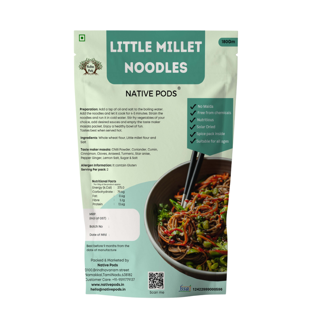 Native Pods Little Millet Noodles | Not Fried, No MSG |No Maida | Pack of 1- 180g