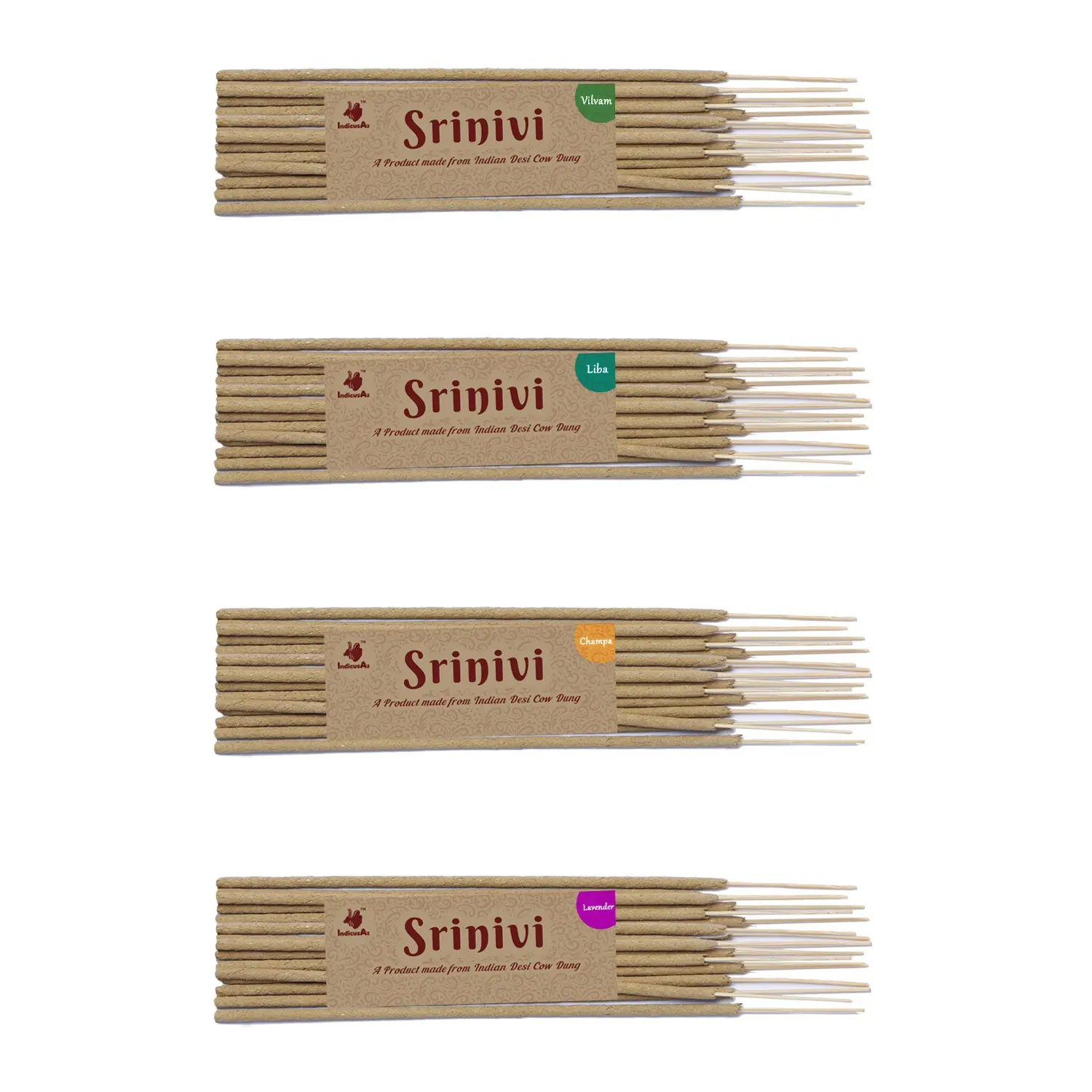 Srinivi Agarbattis - Made up of desi cow dung|Pack of 4|Each pack consists of 18 sticks|Fragrance – Vilvam, Lavender, Liba, Champa.