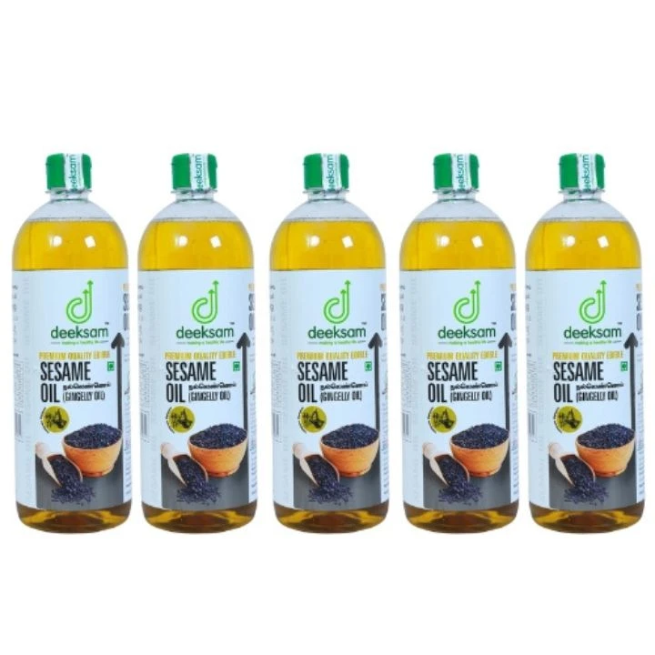 Deeksam Wood Pressed Sesame Oil 1L - Pack of 5 | Cold Pressed | Marachekku / Chekku Til Oil | 100% Pure & Natural | For Cooking, Hair & Skin | From Tamil Nadu