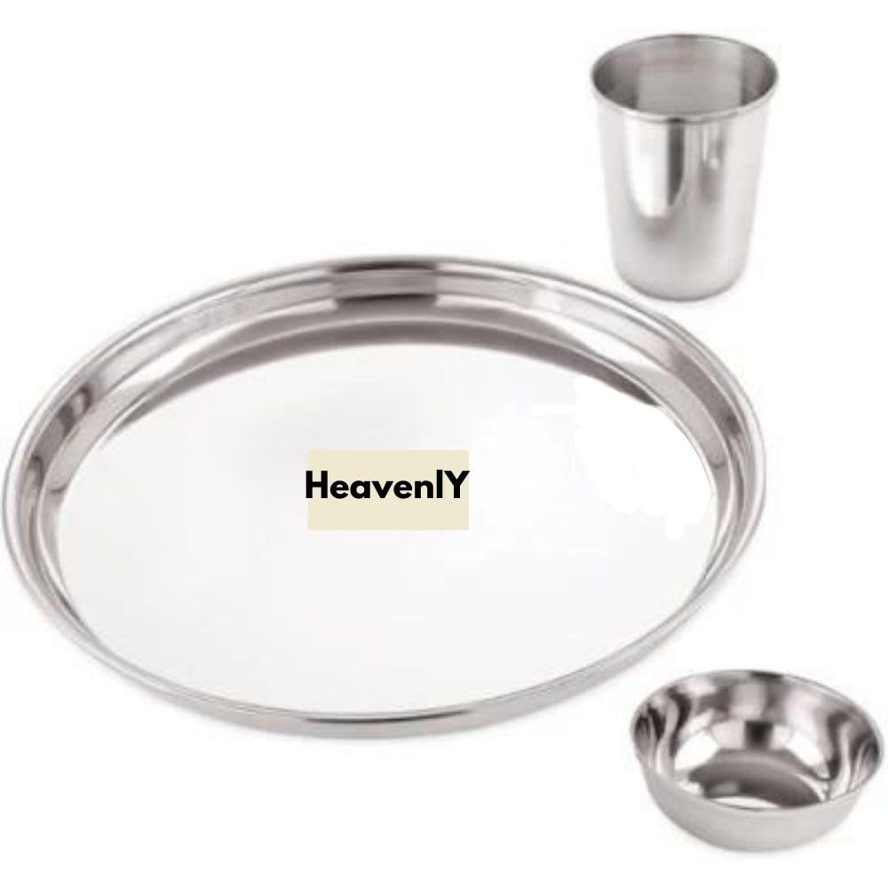 Heavenly 3 pcs Stainless Steel Plate, Bowl & Tumbler Combo Set (Stainless Steel) (pack of 2)