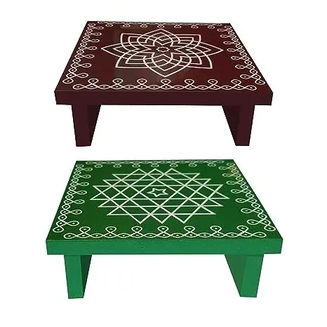 REDSL Chowki for mahalakshmi hrudaya Kolam | Ishwarya Lakshmi Kolam Wooden Pooja Chowki Traditional & Durable Decorative for Small Pooja Manai Stand at Home | Festivals |Gifts(10X10X3 CM)(Pack of 2)(G