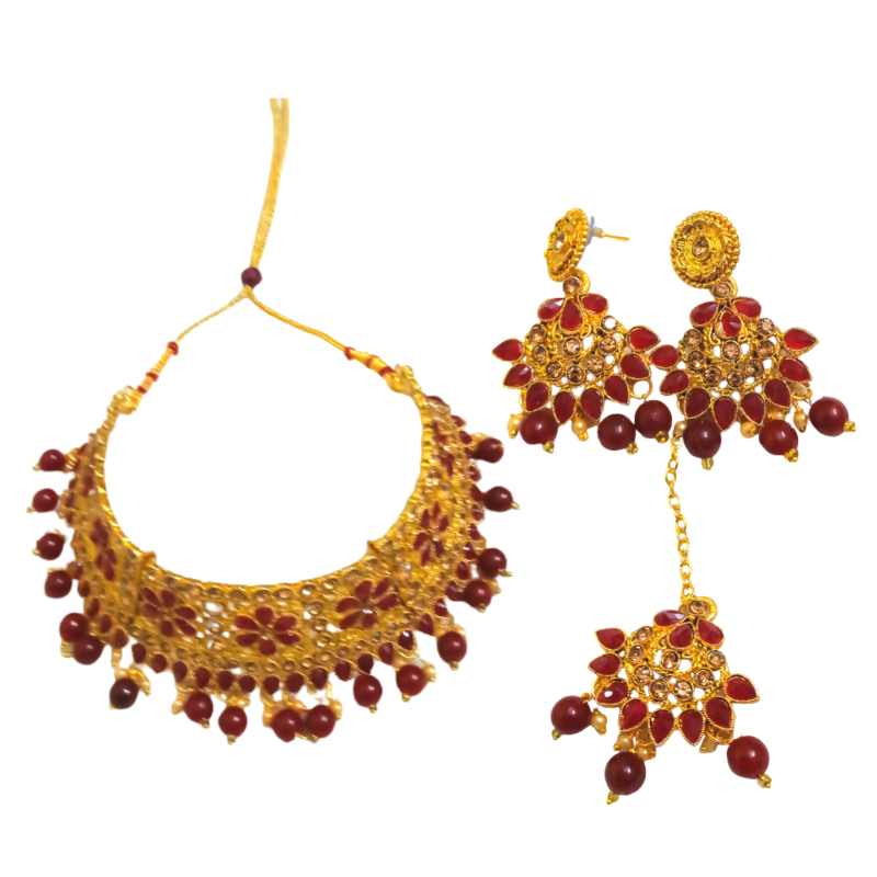 Mesmerizing Maroon Kundan Choker for Girls and Women for Special Occasions with Earrings and Headlock