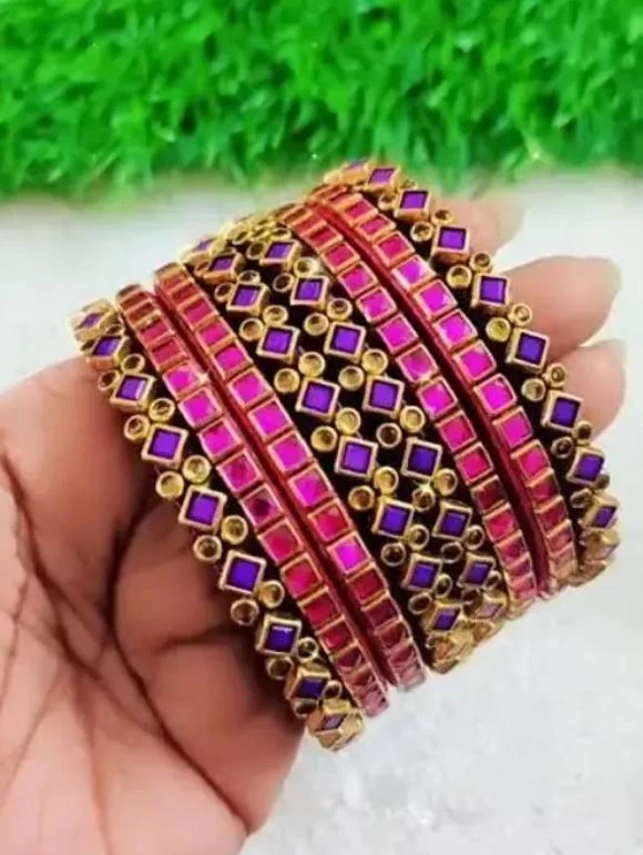 Thread Bangles Bridal Set | Dark Violet & Pink Kundan Stone Bangles for Weddings & Functions