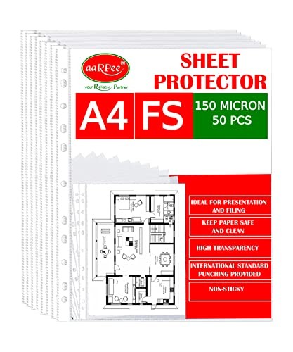 AARPEE 50Pcs Transparent Document Sleeves 150 Micron Thickness Leaf Waterproof Clear Sheet Protector 11 Holes Punched Ring Files (FS-50 PCS)