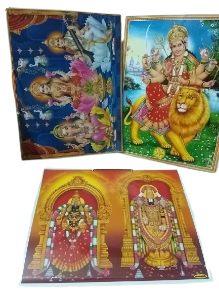 3 Photo Laminations Gracious Sri Venkateshwara Devi Padmavathi Lord Tirupati Tirumala Balaji Venkateswara, Laxmi Devi Ganesh Ji and Sarasvati Devi,  Durga  Devi,with lion   (Leanth : 9 inch /hight : 1