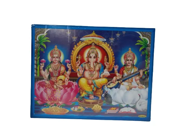 Photo Lakshmi Devi Ganesha Saraswati Ganesh Hanging Wall Painting Framed Home Decor wood photo (11x9 Inch)Pack of 2