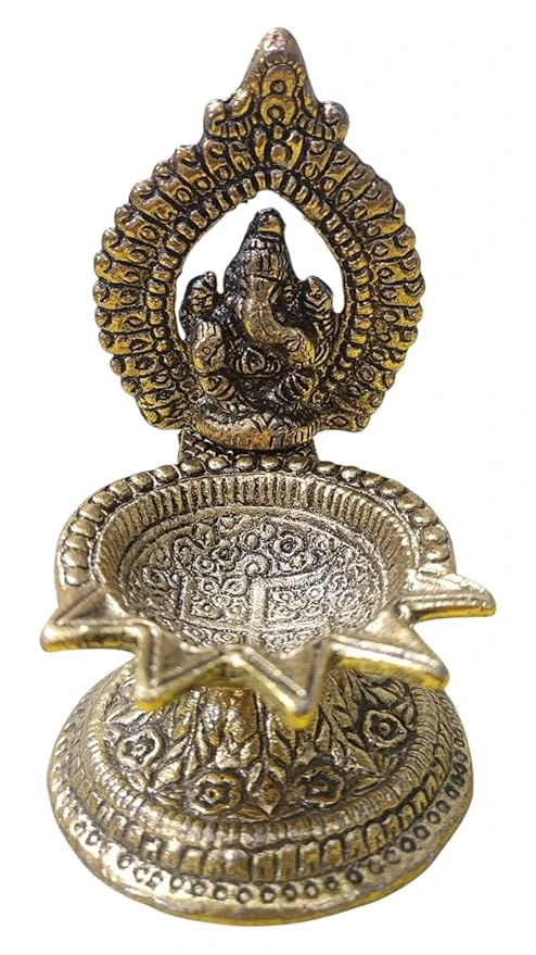 Ganesh Metal Oil Lamp Diya, Traditional Hindu Puja Decorative Star Shape, Antique Finish