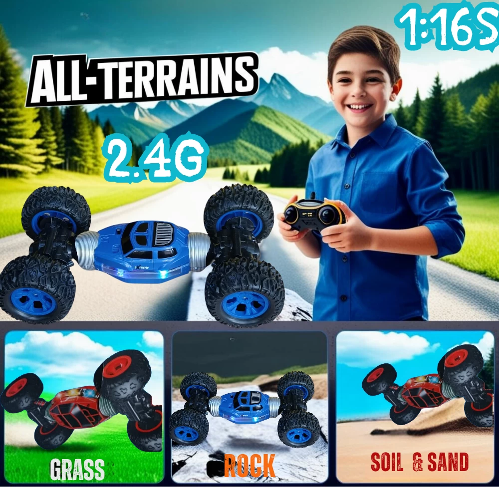 1:16 Scale 2.4Ghz RC Car - 360° Double Sided Rotation Stunt Car, All Terrain, Rechargeable, for Kids & Adults - Multicolor