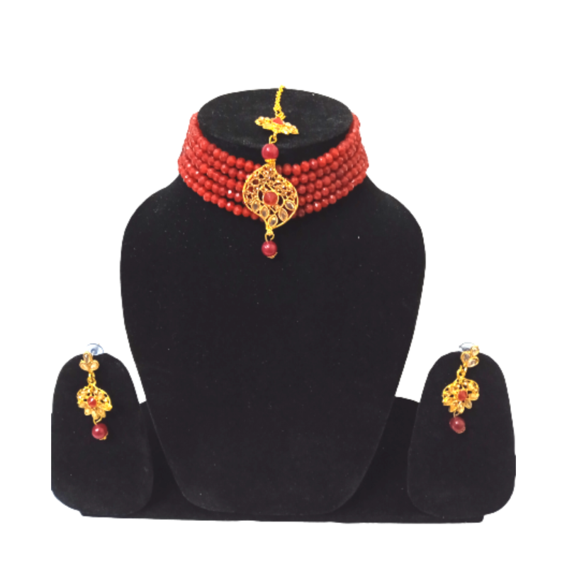 Cute red crystal choker for  girls and women for special occasions with earrings and headlock