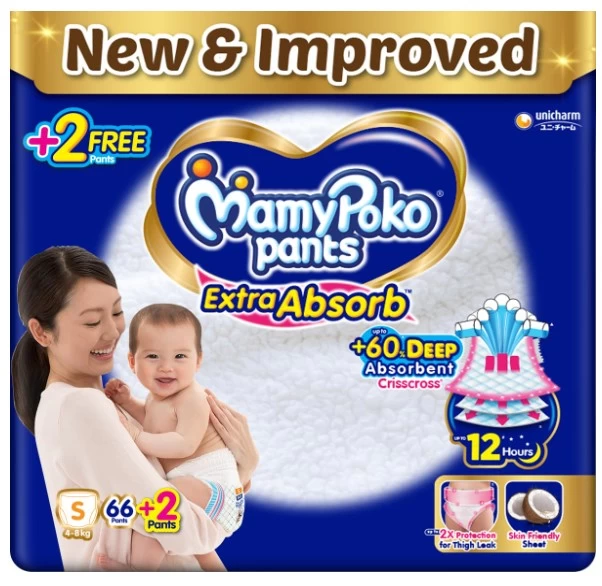 MamyPoko Pants Extra Absorb Baby Diapers, Small (S), 66+2 Count, 4-8 kg